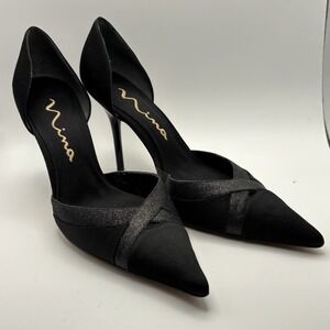 Women's Nina Black Satin Dorsay Style Pump Mesh Strappy Pointed Toe Sz10M